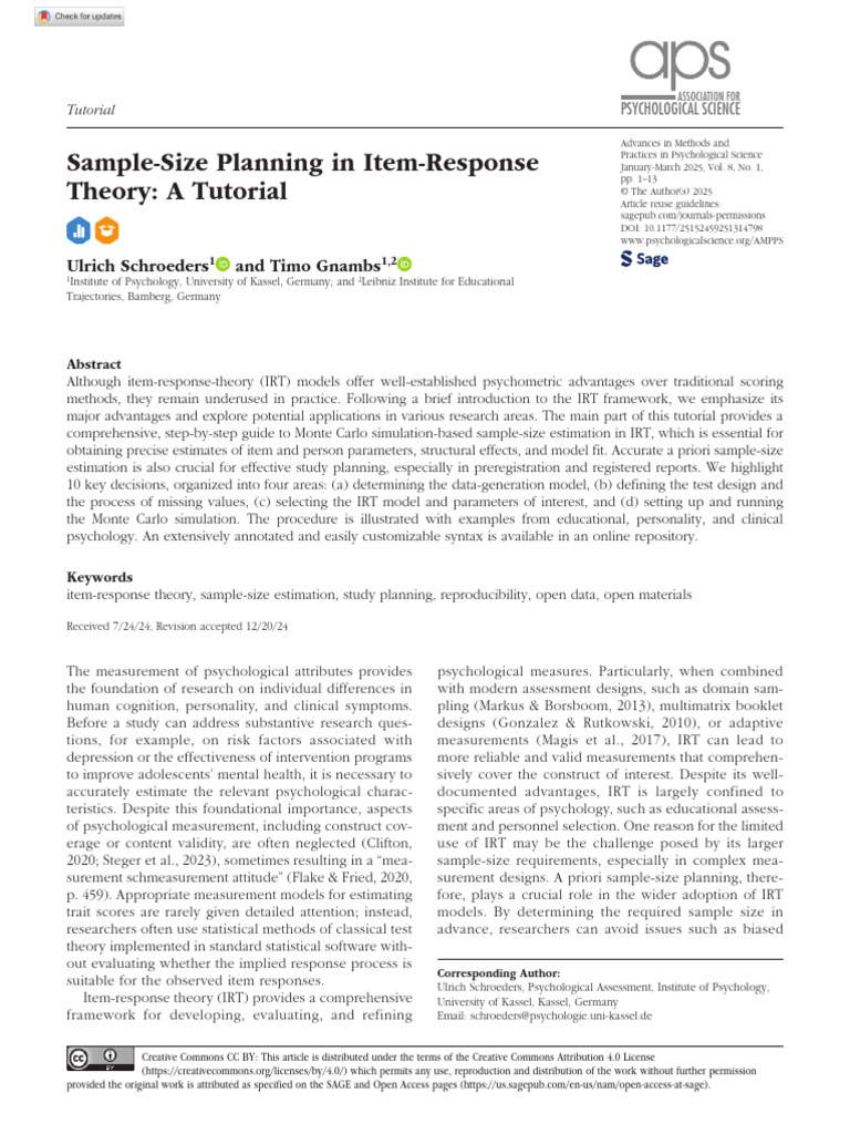 Schroeders Gnambs 2025 Sample Size Planning in Item Response Theory A ...