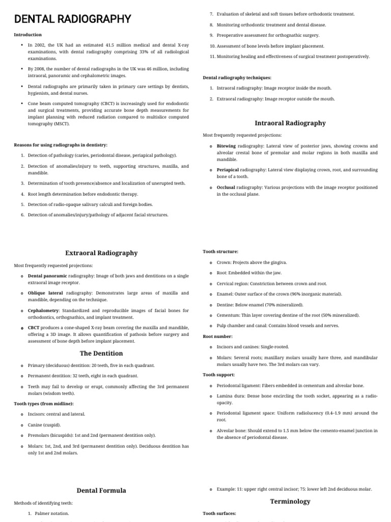 Dental Radiography (SUMMARIZED) | PDF | Human Tooth | Dental Anatomy
