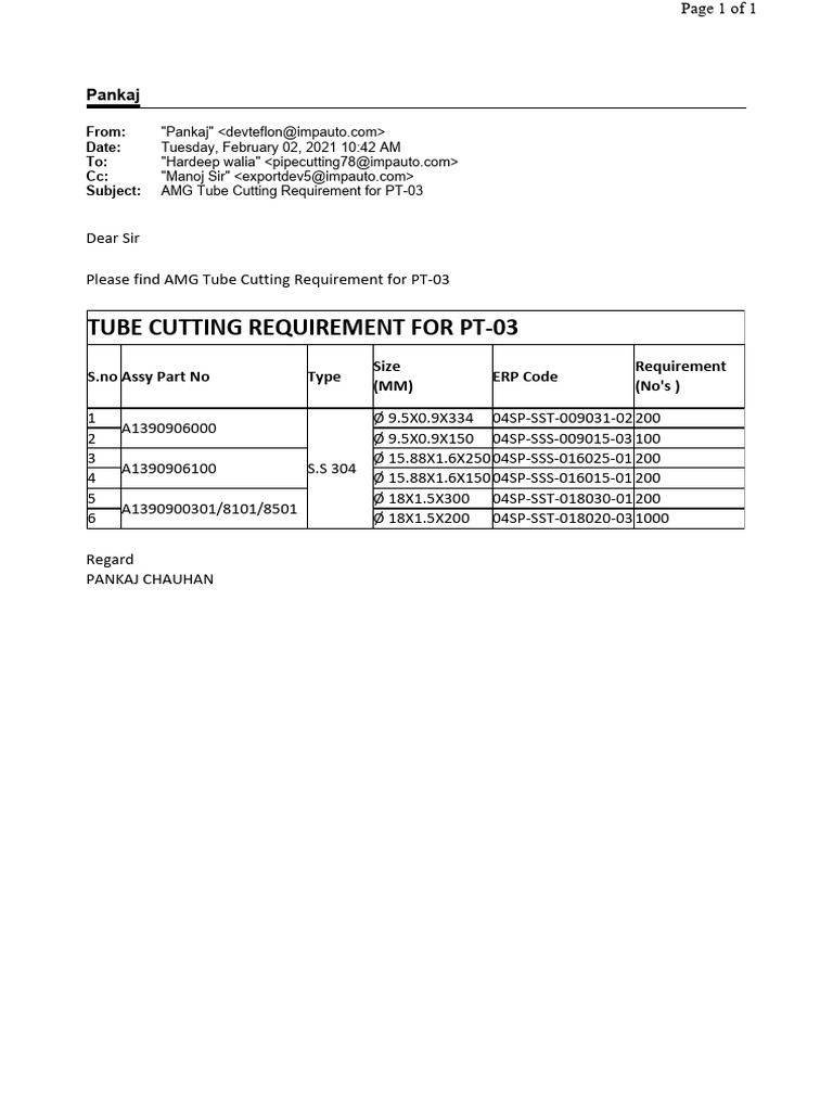 Tube Cutting Requirement For Pt-03: Pankaj | PDF