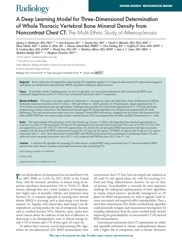 3D Bone Density Analysis via Chest CT | PDF | Radiology | Receiver ...