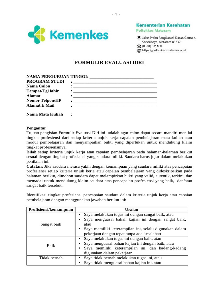 Form 8. Formulir Assesment Evaluasi Diri RPL | PDF