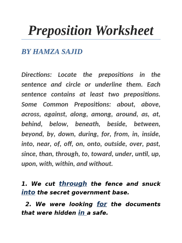 Preposition Identification Worksheet | PDF