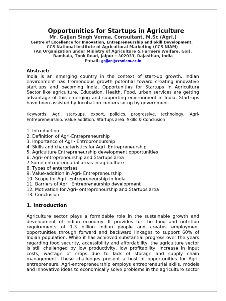 Agri-Entrepreneurship Opportunities in India | PDF | Entrepreneurship ...