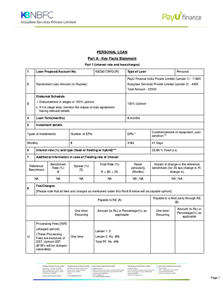Personal Loan Key Facts Statement | PDF | Loans | Annual Percentage Rate