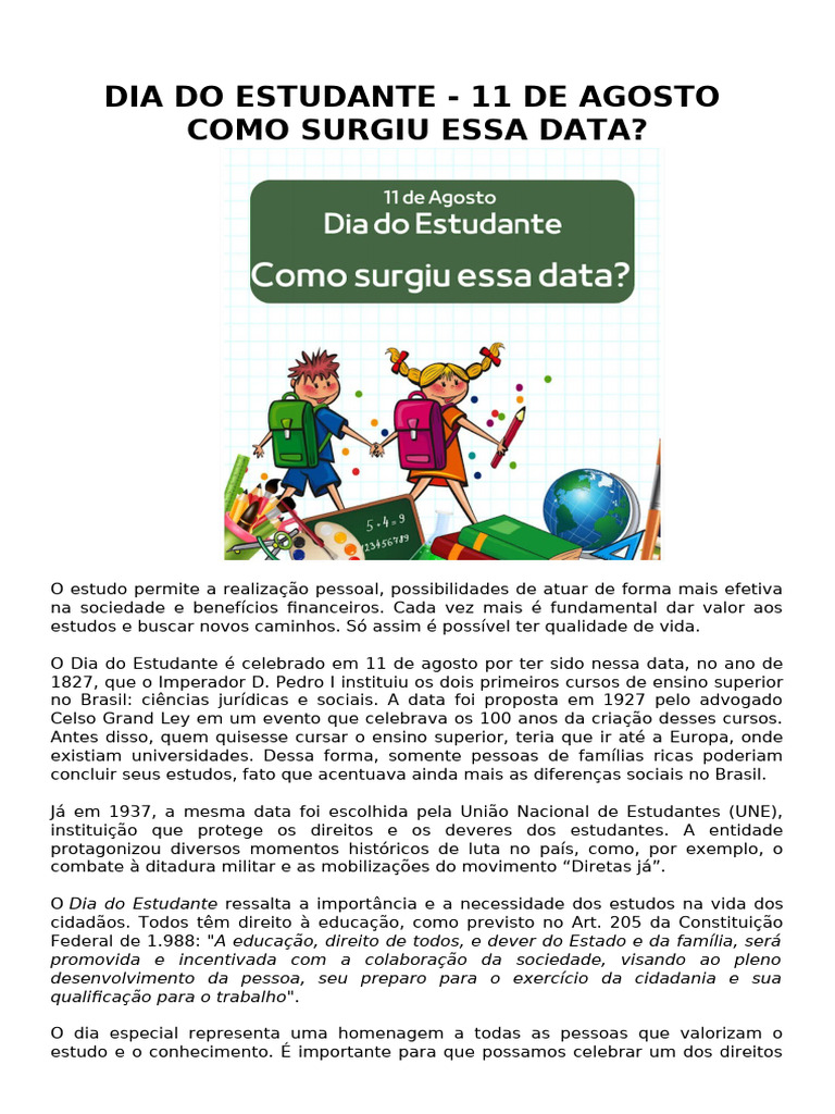 Origem do Dia do Estudante no Brasil | PDF | Aprendizado | Escolas