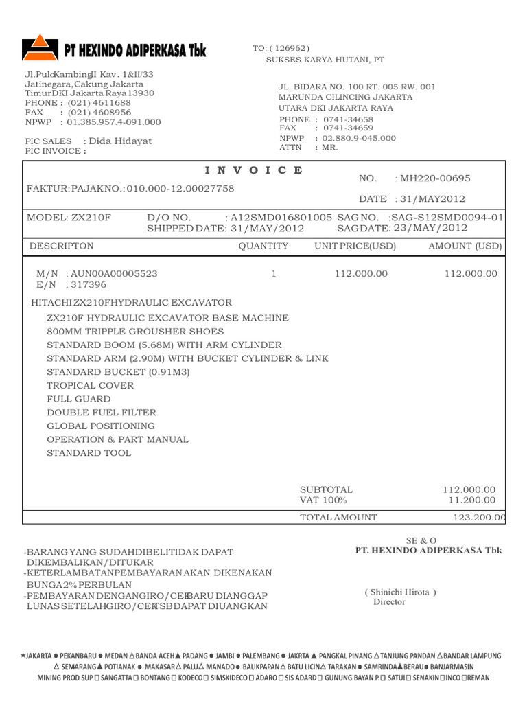 ZX210F Hydraulic Excavator Invoice | PDF | Heavy Equipment