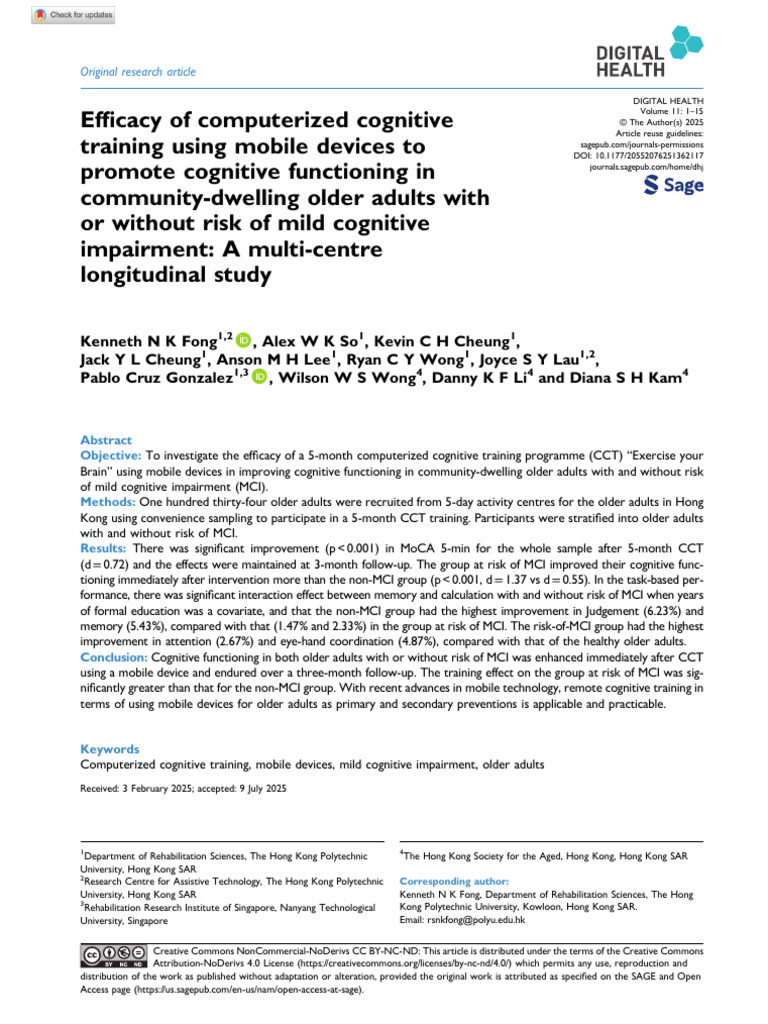 Fong Et Al 2025 Efficacy of Computerized Cognitive Training Using ...