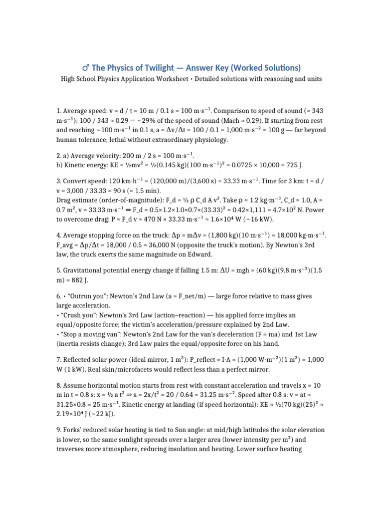 Physics of Twilight Answer Key | PDF | Force | Newton's Laws Of Motion