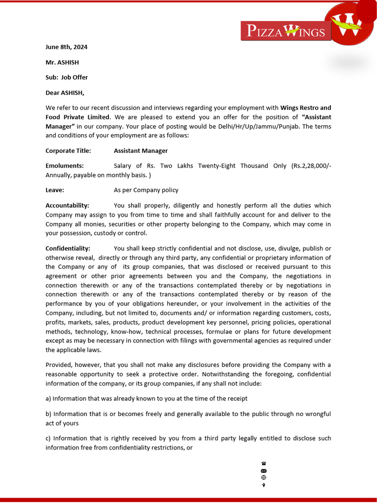 Job Offer for Assistant Manager Position | PDF | Taxes | Business Law