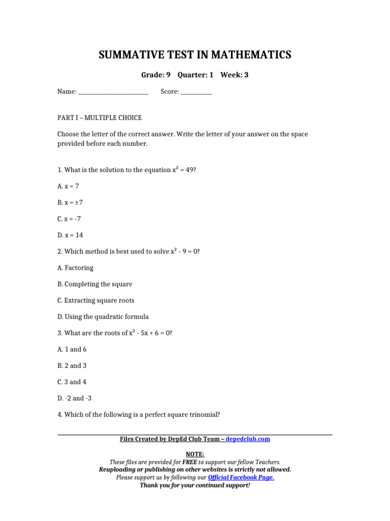 Grade 9 Math Summative Test Guide | PDF | Quadratic Equation ...