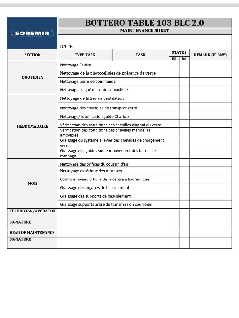 Fiche de maintenance Bottero 103 BLC 2.0 | PDF