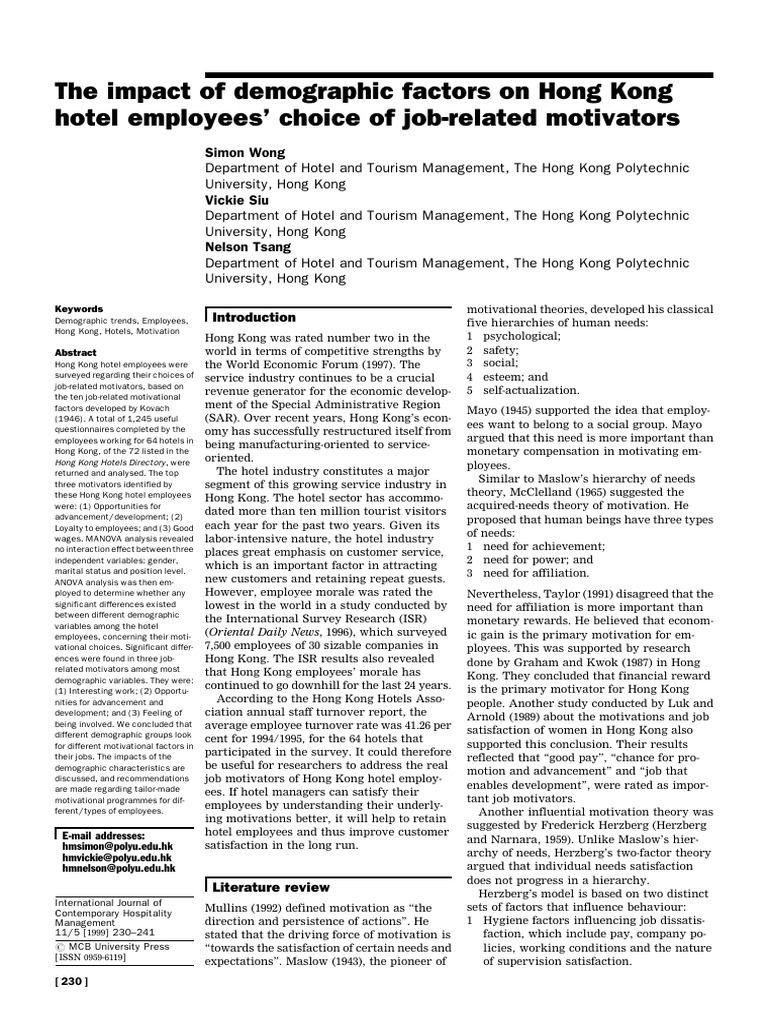 Demographic Factors in Hotel Employee Motivation | PDF | Psychology ...