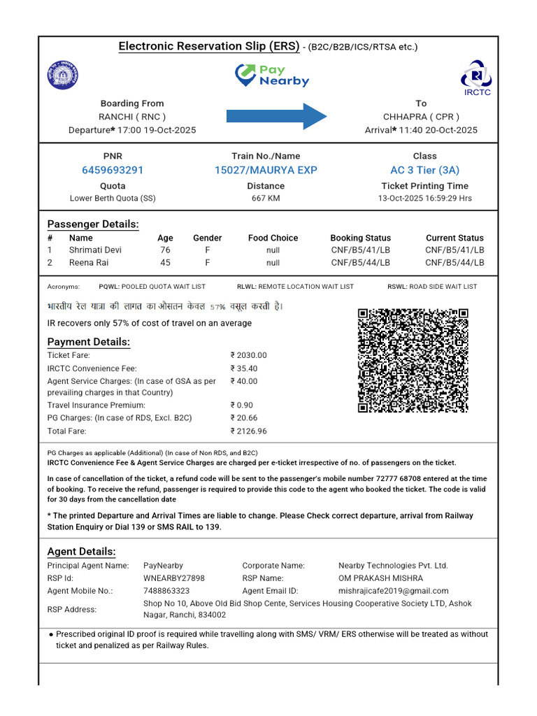 Electronic Reservation Slip for Train Travel | PDF | Identity Document