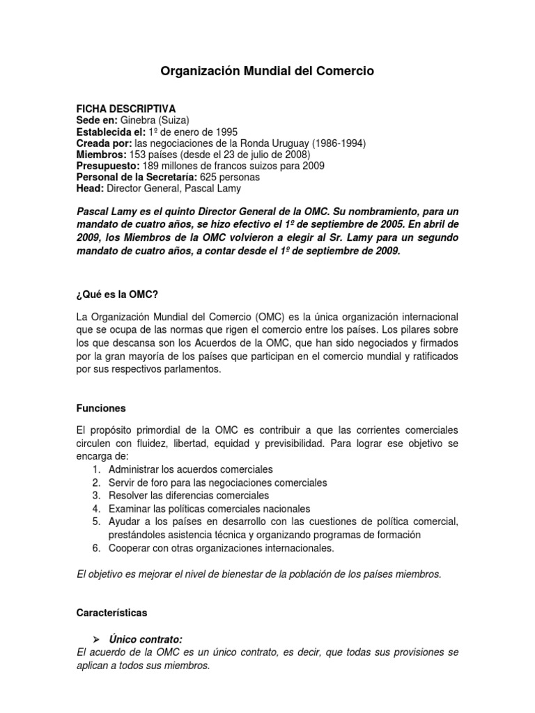 Características y funciones de la OMC | PDF | Organización de Comercio ...