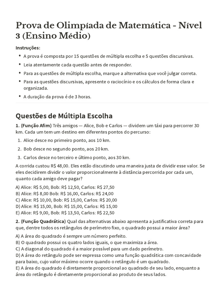 Prova de Olimpíada de Matemática - Nível 3 (Ensino | PDF | Círculo ...