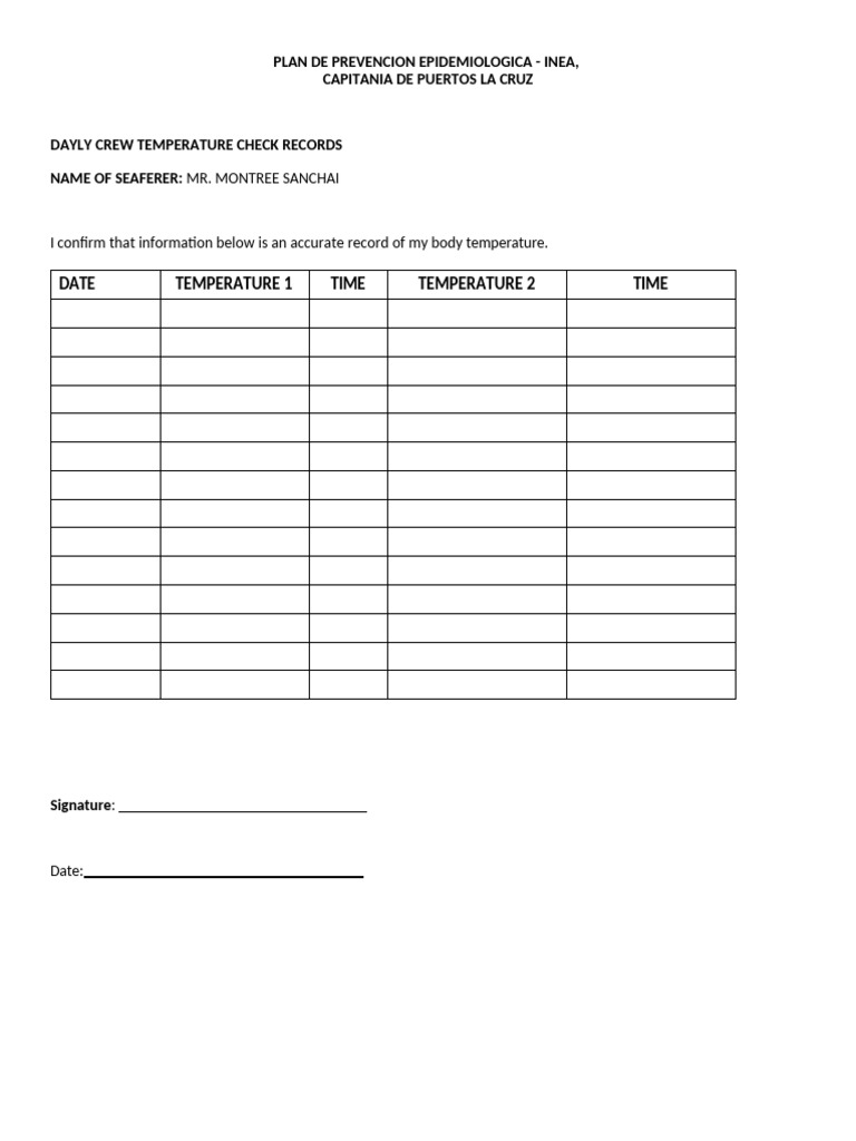 Health Authority Temperature Check Form | PDF