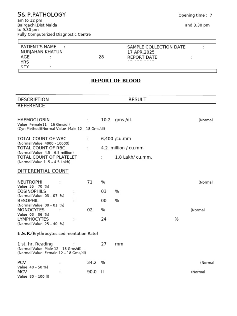 Blood Test Report for Nurjahan Khatun | PDF | White Blood Cell ...