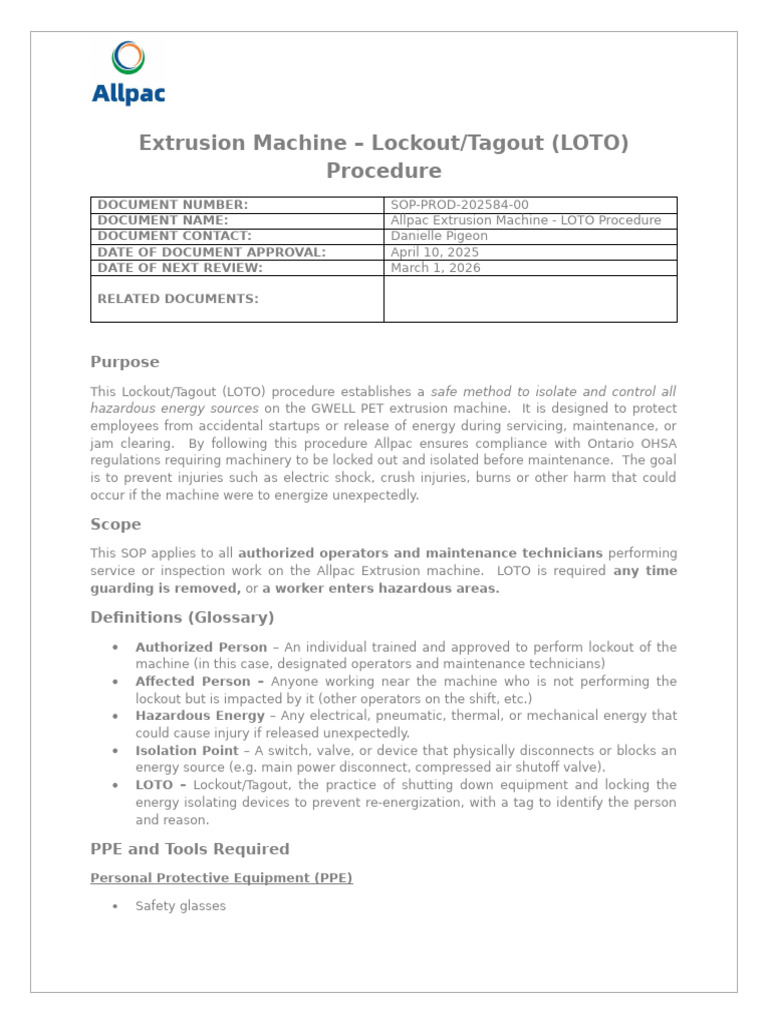 Extrusion Machine - LOTO Procedure | PDF | Mechanical Engineering
