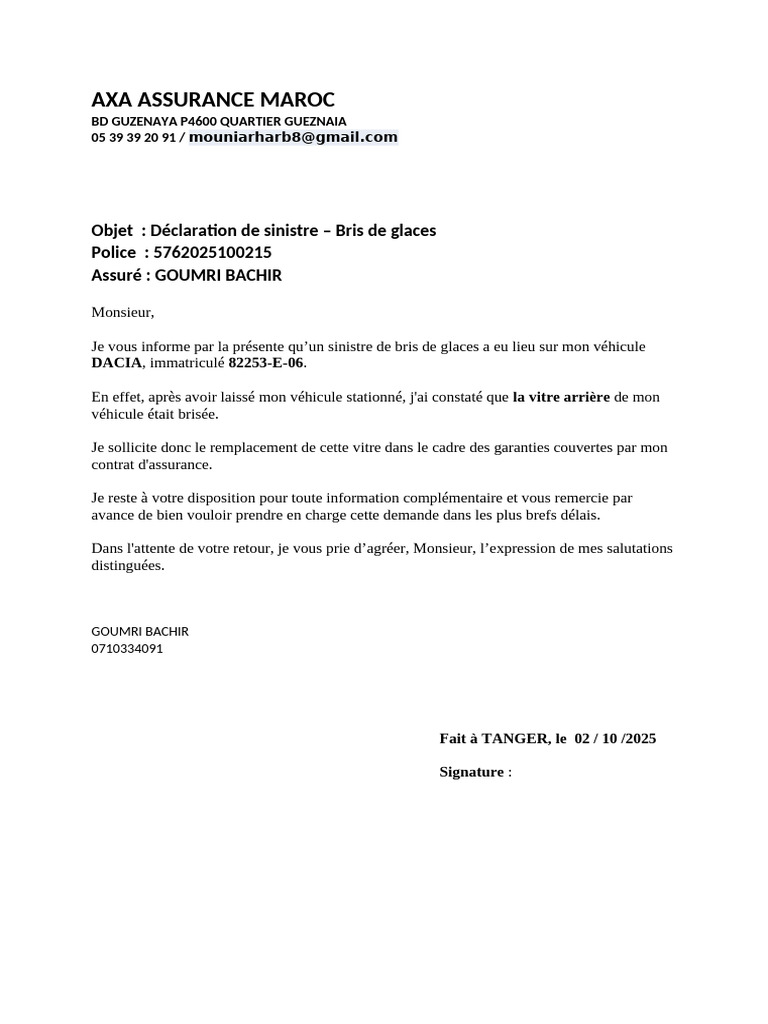 Déclaration de sinistre - Bris de glaces | PDF