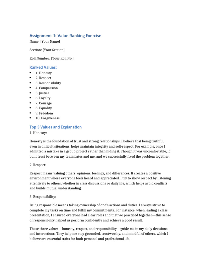 Value Ranking Exercise Overview | PDF