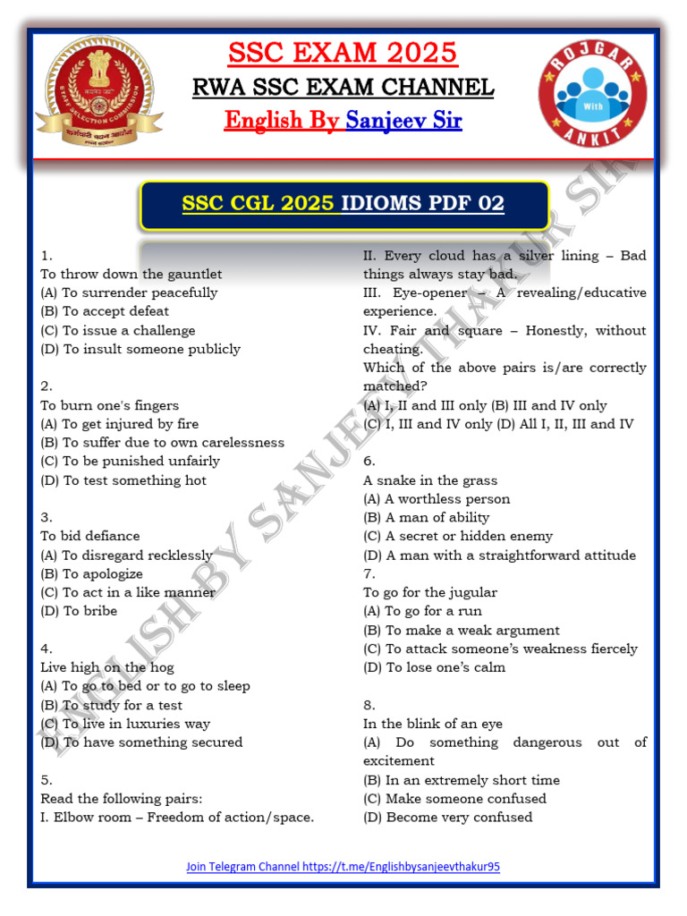 SSC CGL 2025 Idioms Practice PDF | PDF