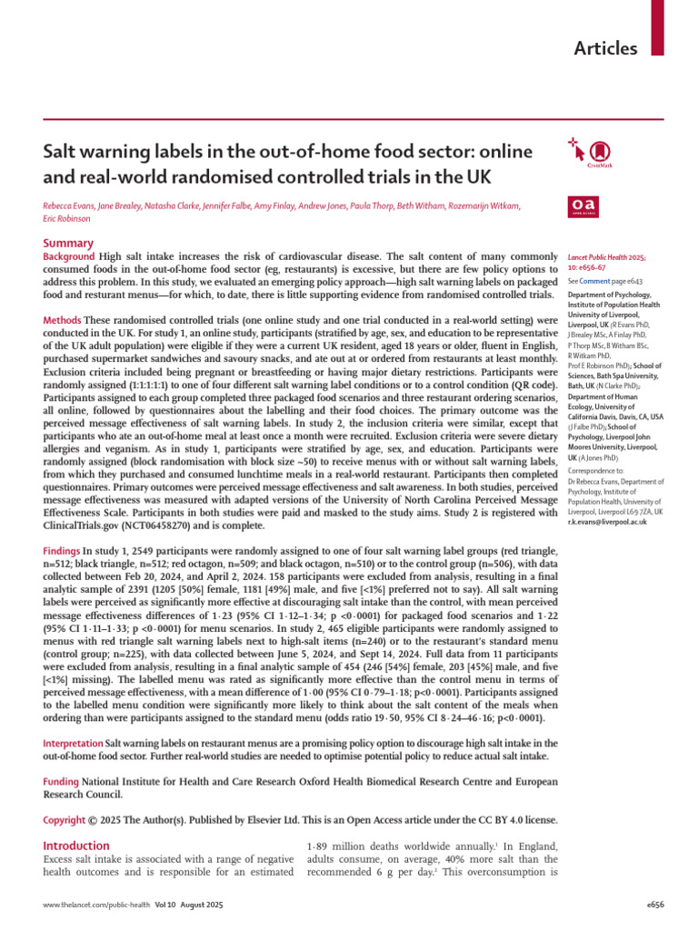 Salt Warning Labels in The Out of Home Food Sector | PDF | Menu ...