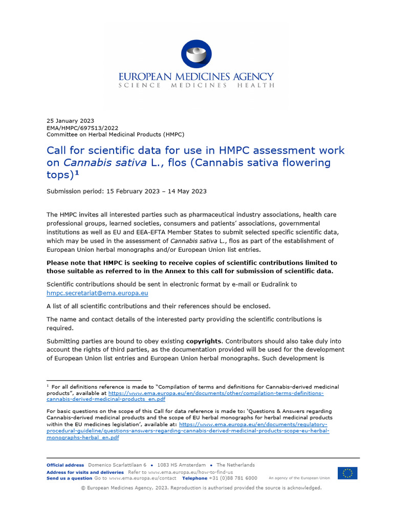 Call Scientific Data Use HMPC Assessment Work Cannabis Sativa L Flos ...