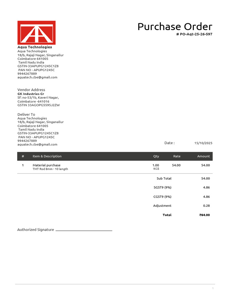 Purchase Order for TMT Rods - Aqua Tech | PDF