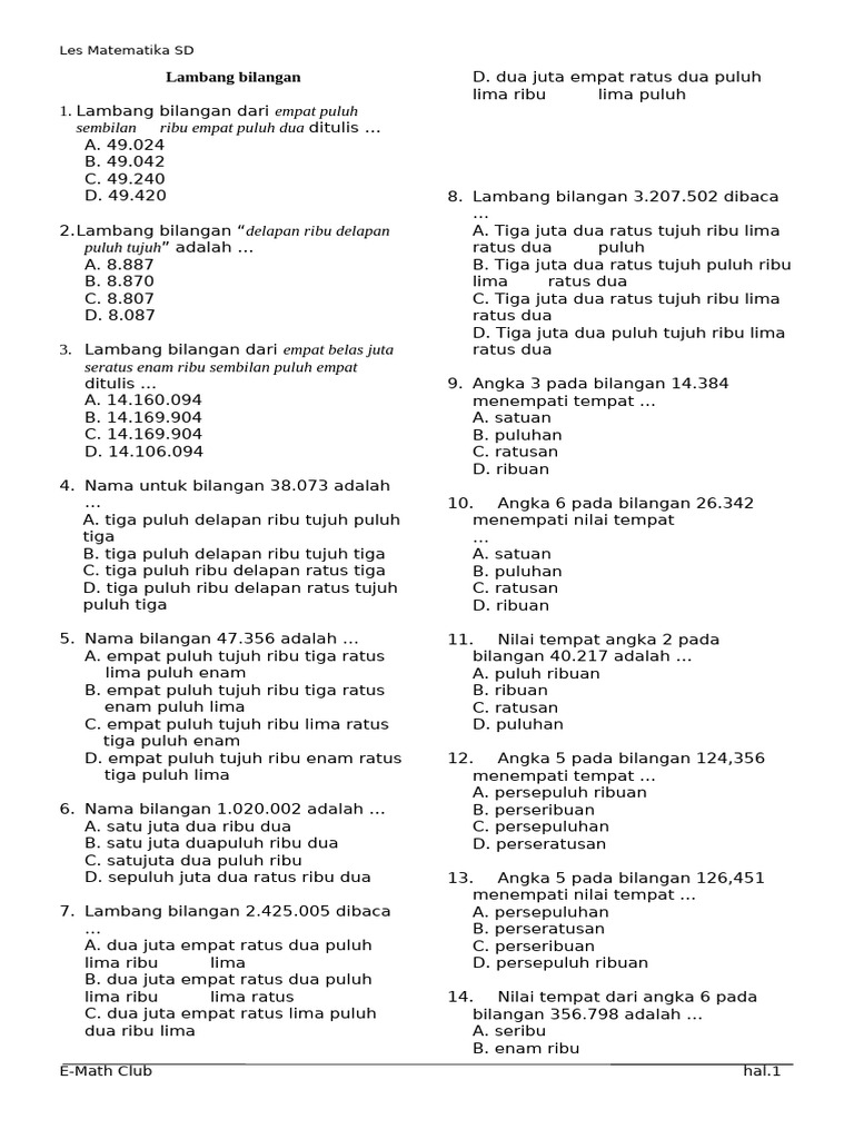 Lambang Bilangan dalam Matematika SD | PDF