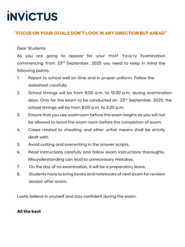 Half Yearly Exam Guidelines for Students | PDF
