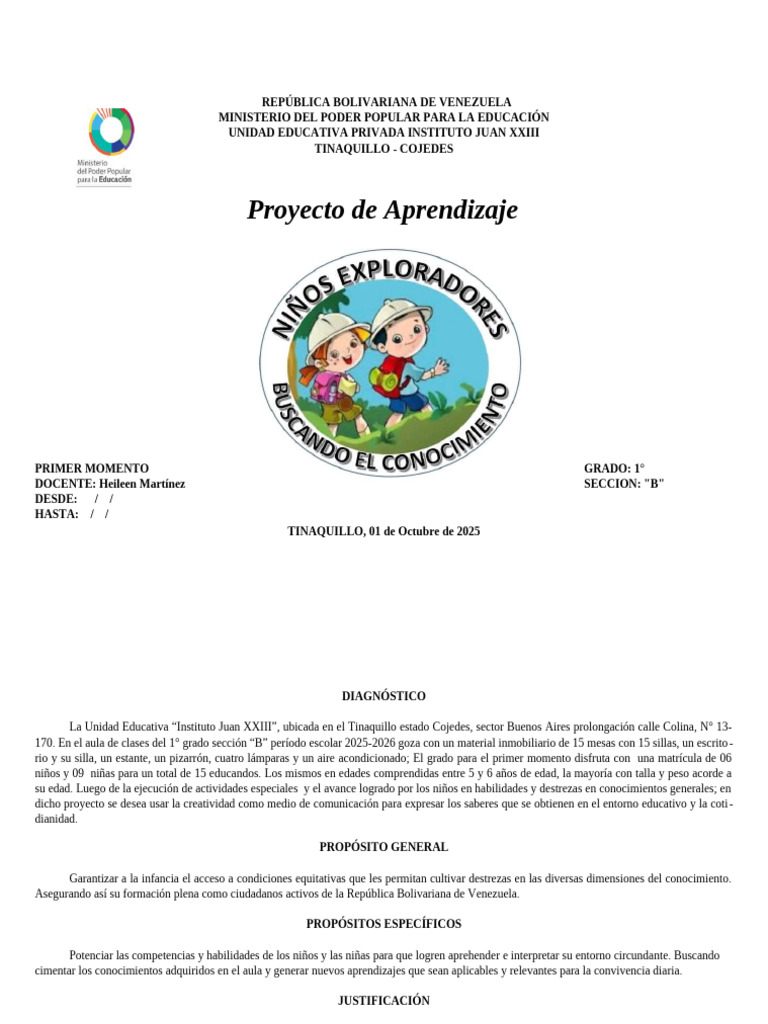 Proyecto de Aprendizaje 1° Grado Venezuela | PDF | Aprendizaje ...