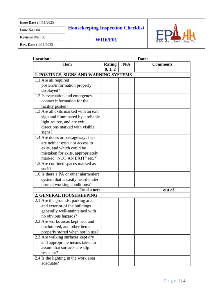 Housekeeping Inspection Checklist Guide | PDF | Housekeeping | Safety
