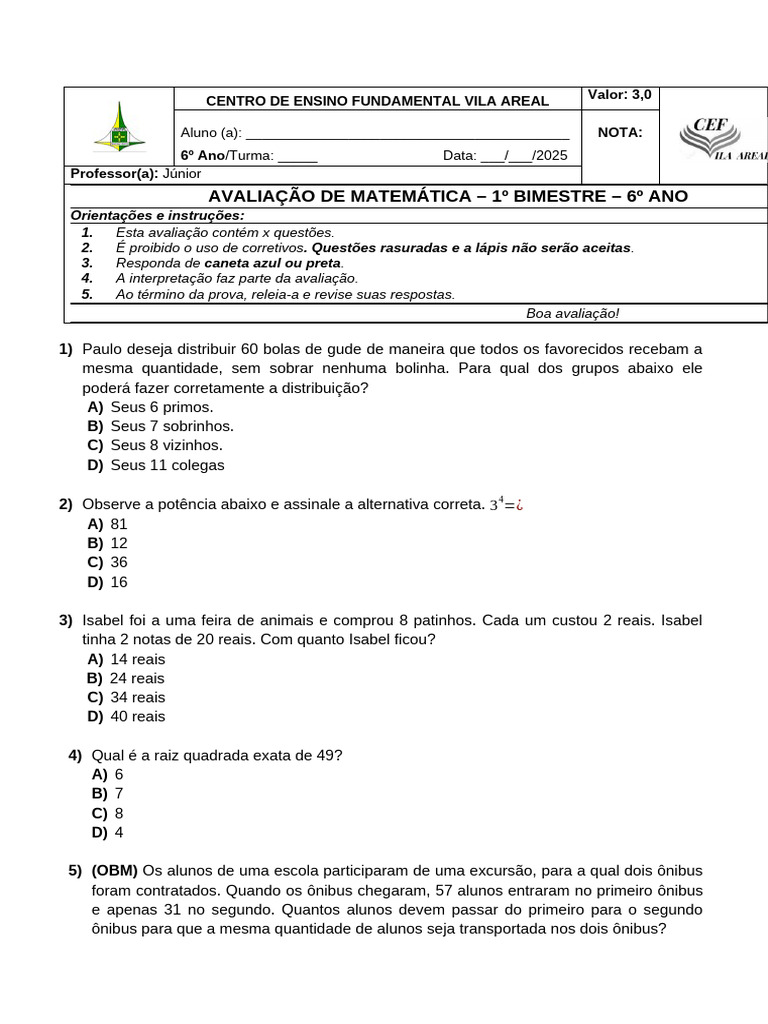 Prova 6º Ano 2º Bimestre | PDF