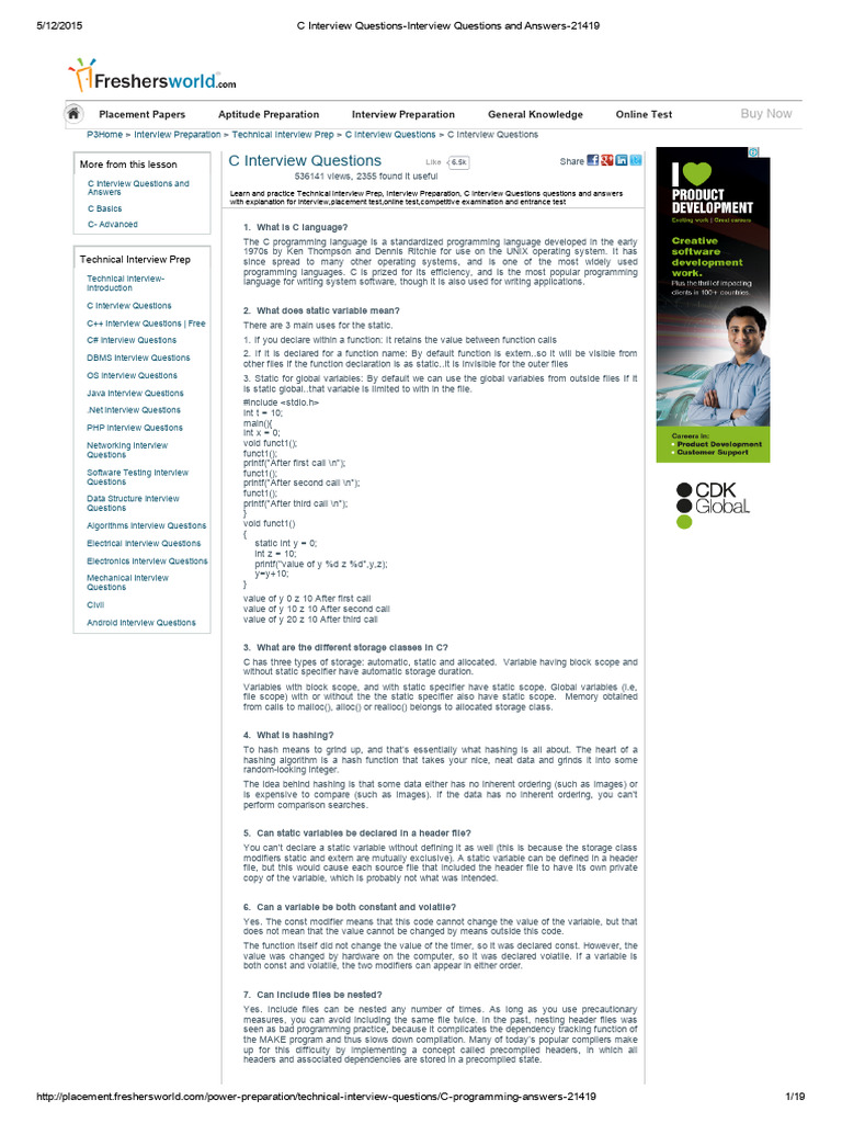 C Programming Interview Questions Guide | PDF | Pointer (Computer ...