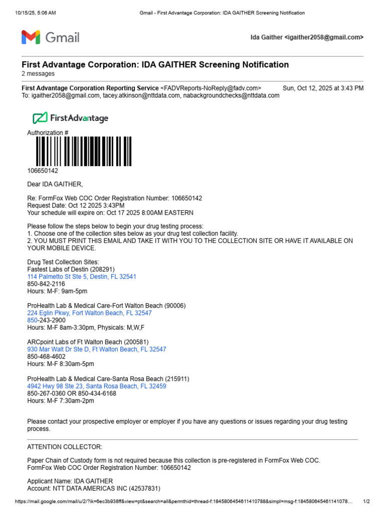 Gmail - First Advantage Corporation - IDA GAITHER Screening ...