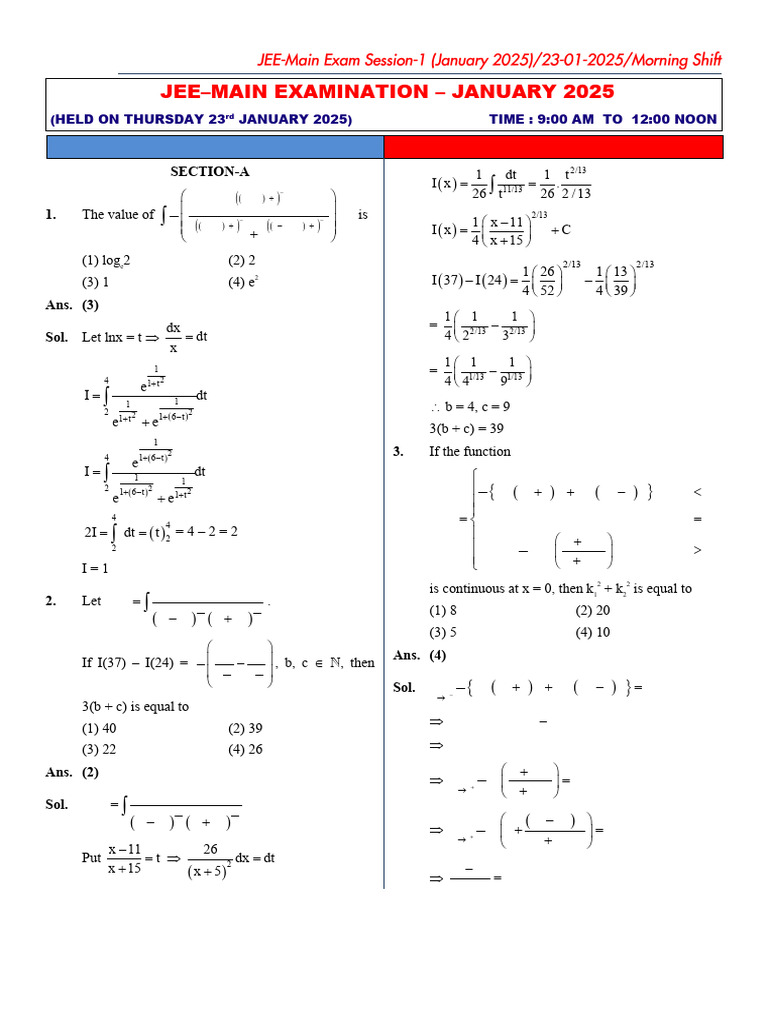 JEE Main January 2025 Mathematics Solutions | PDF | Geometry ...
