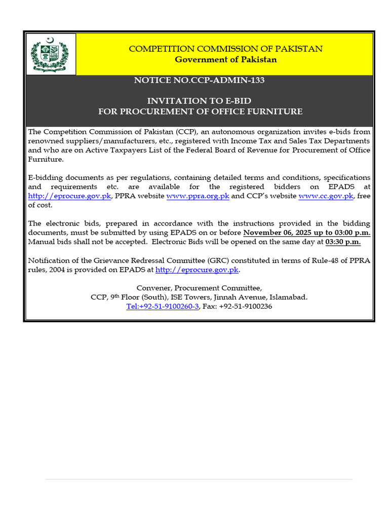 Notice No - Ccp-Admin-133 Invitation To E-Bid For Procurement of Office ...