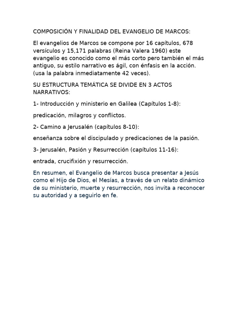 Composición y Estructura del Evangelio de Marcos | PDF