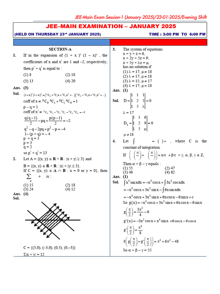 JEE Main January 2025 Mathematics Solutions | PDF | Mathematics | Geometry
