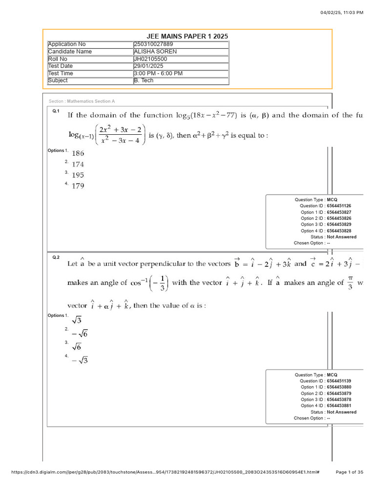 JEE Mains 2025 Mathematics MCQs | PDF | Multiple Choice | Evaluation ...