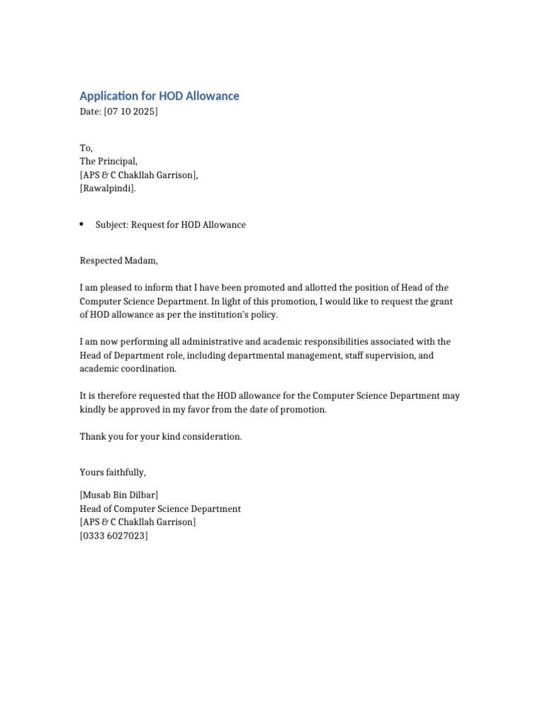 Request for HOD Allowance Approval | PDF