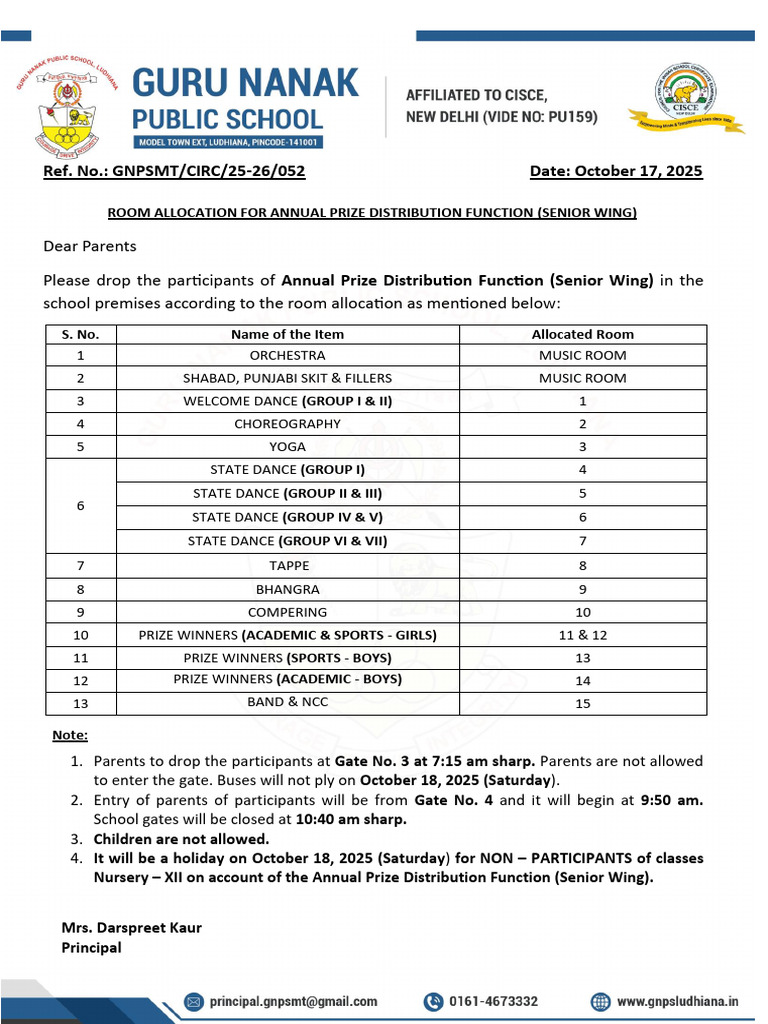 52 Room Allocation For Annual Prize Distribution October 18 2025 | PDF