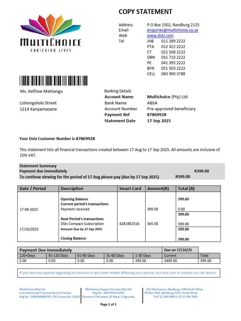 DStv Payment Statement Details | PDF | Payments | Satellite Television