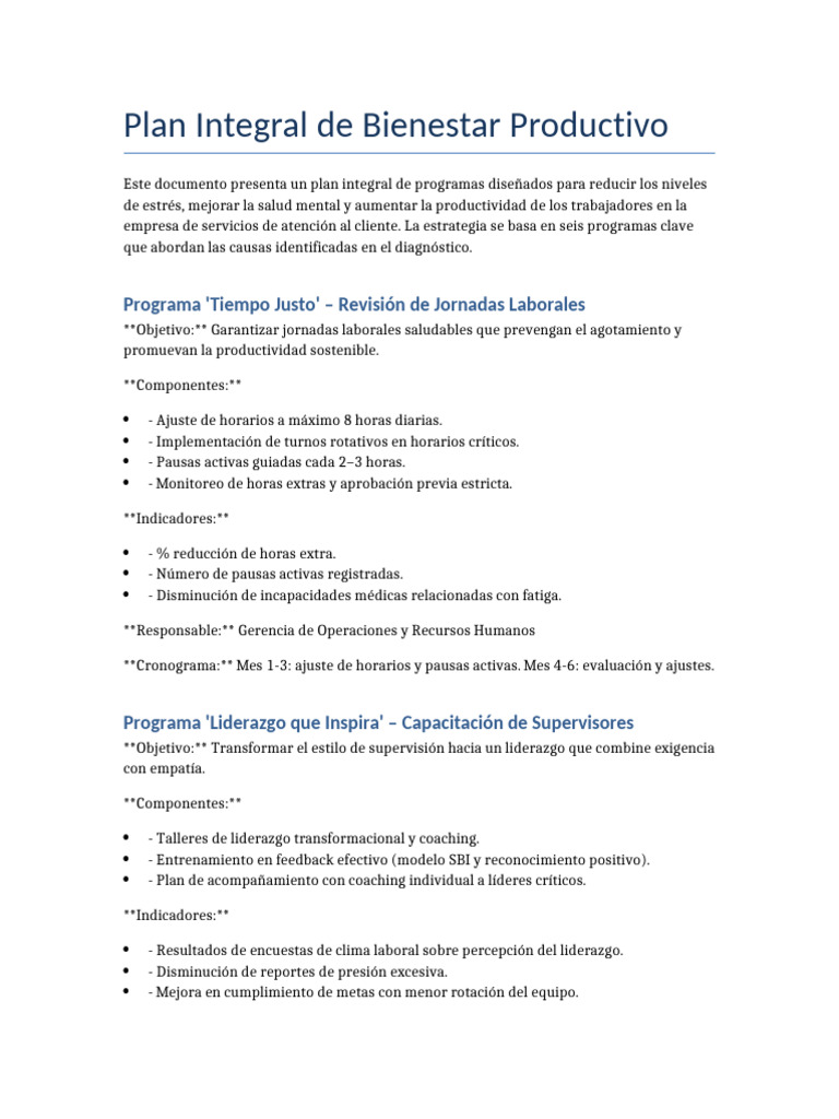 Plan de Bienestar Laboral Integral | PDF | Seguridad y salud ...