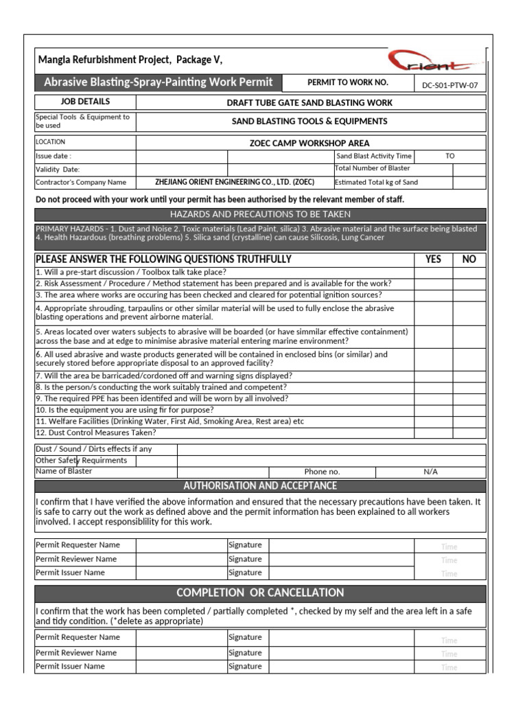 Mangla Project Abrasive Blasting Permit | PDF | Occupational Safety And ...