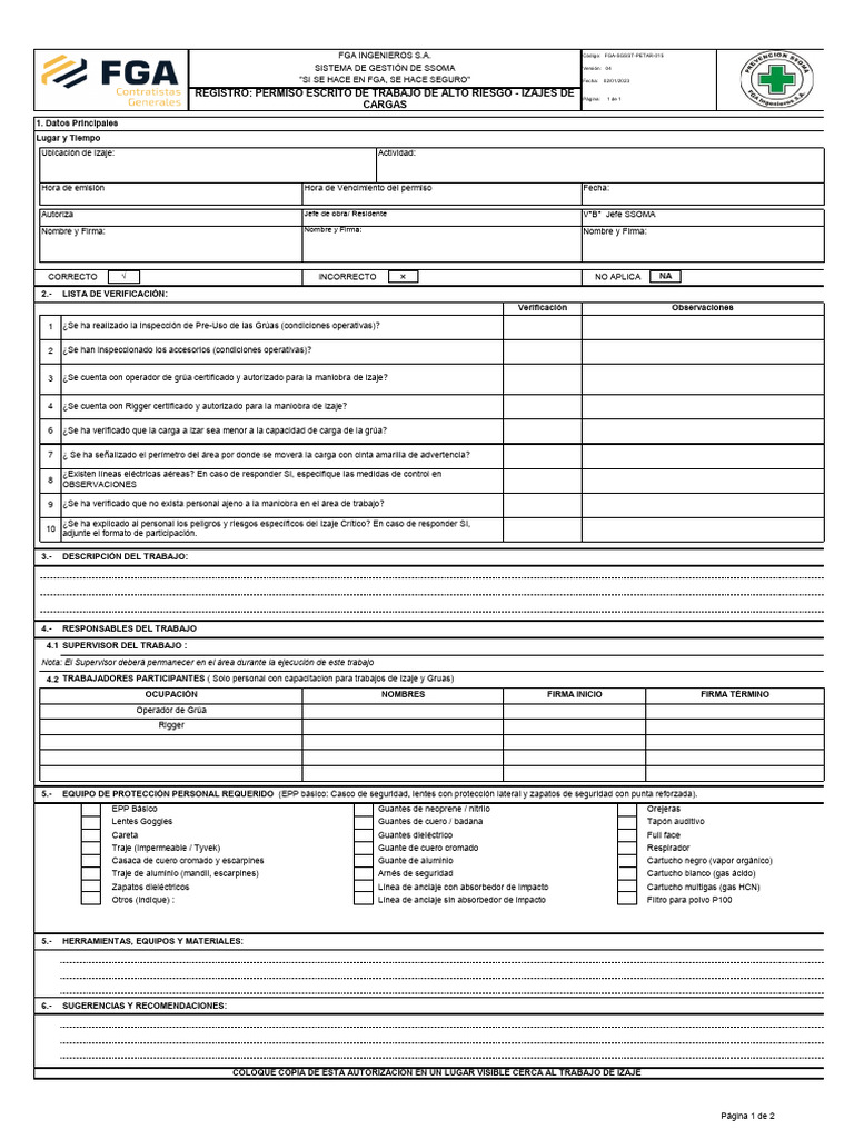 Fga-Sgsst-Petar-015 Permiso Escrito para Trabajos de Alto Riesgo (Ptar ...