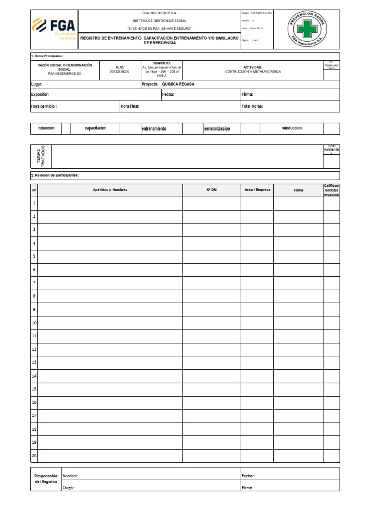 Fga-Sgsst-Reg-001 Registro de Asistencia Fga-Quimica Regasa | PDF