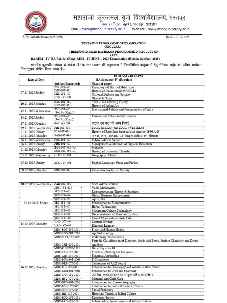 MSBU 4th Semester Exam Schedule 2025 | PDF