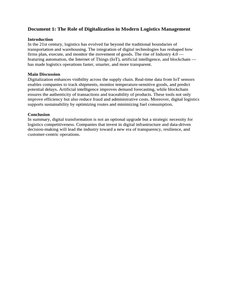 Document 1 The Role of Digitalization in Modern Logistics Management | PDF