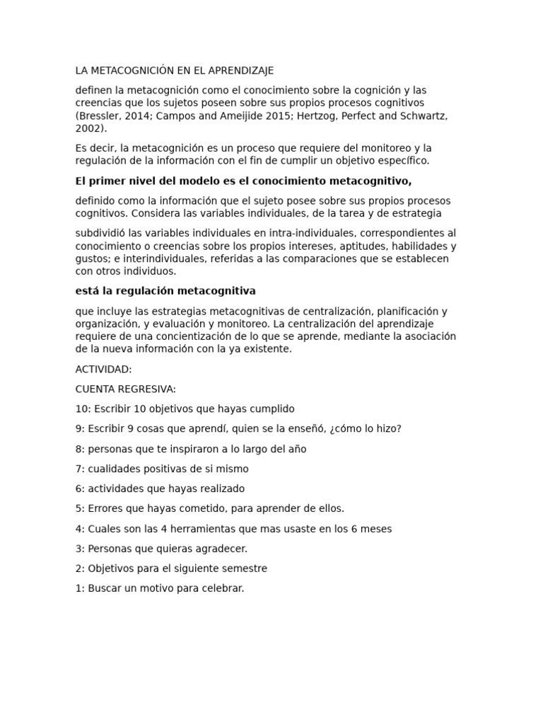 La Metacognición en El Aprendizaje | PDF